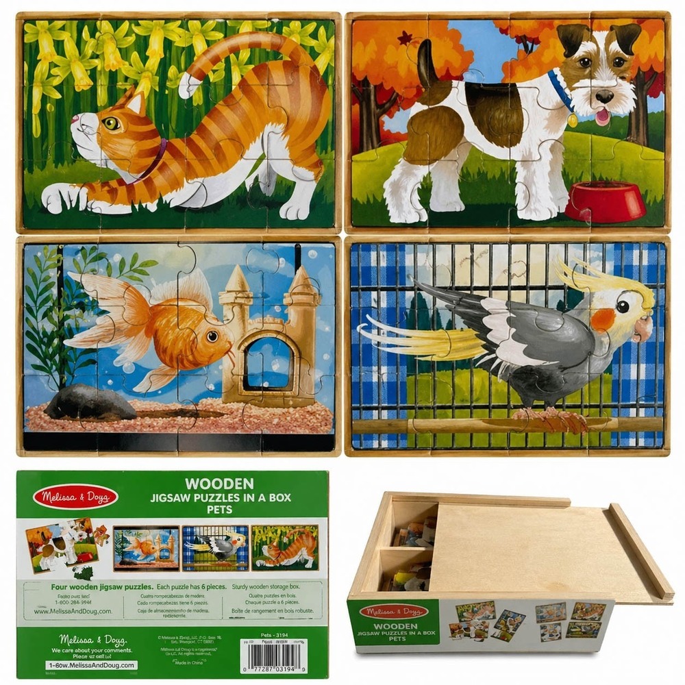 Melissa & Doug Wooden Jigsaw Puzzles In A Box (4) 12 Pc Puzzles 48 Pcs Pets